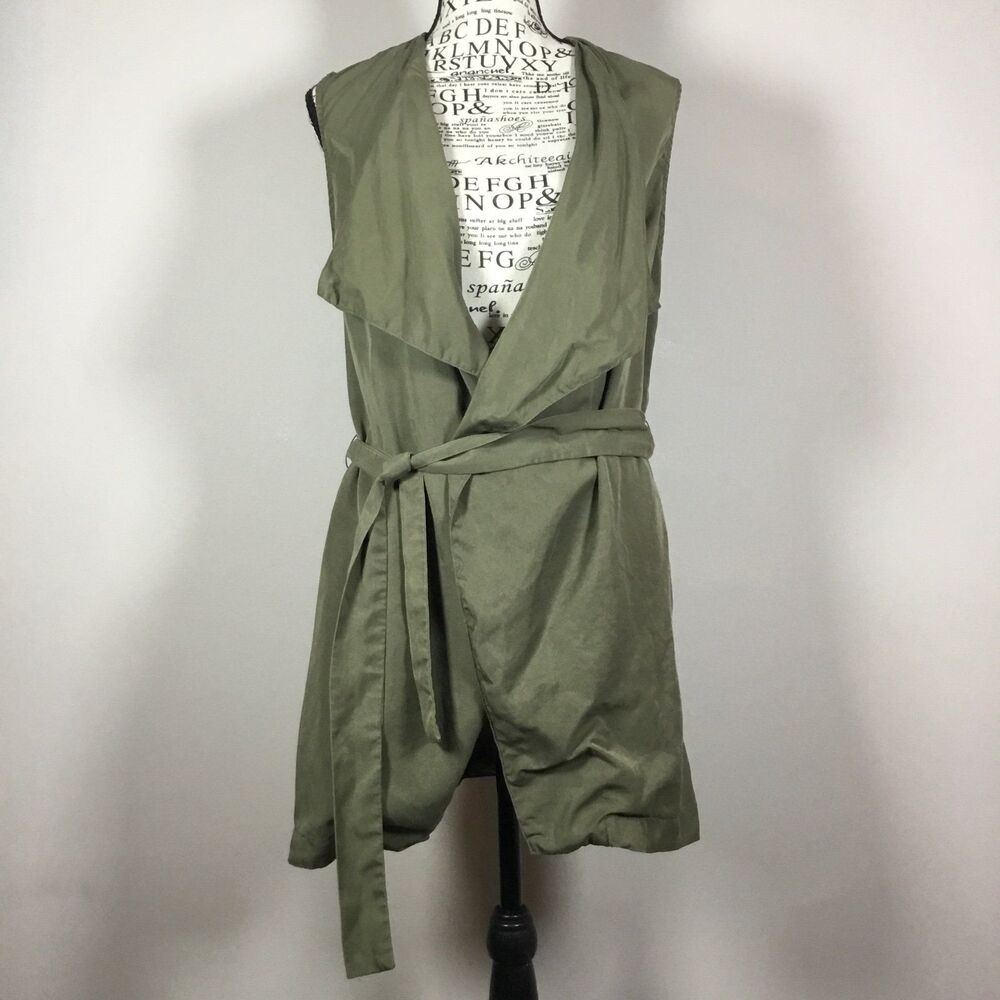 Army green assymetrical sleeveless duster vest with belt silk feel utility sz S